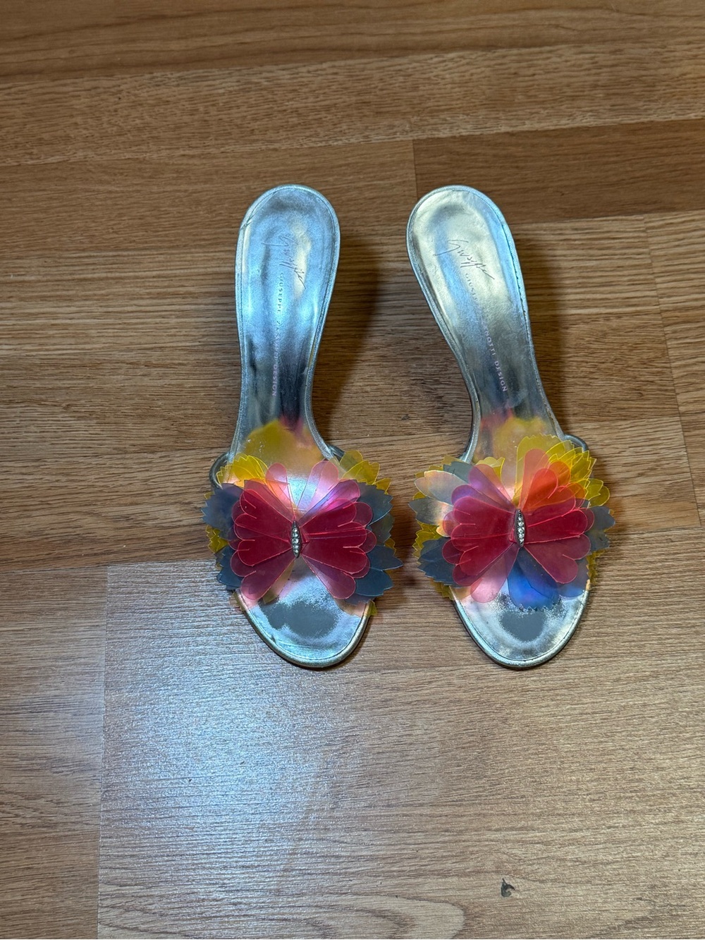 Giuseppe Zanotti Butterfly Cork Heel Sandals Size 38 Multicolor Statement Heels